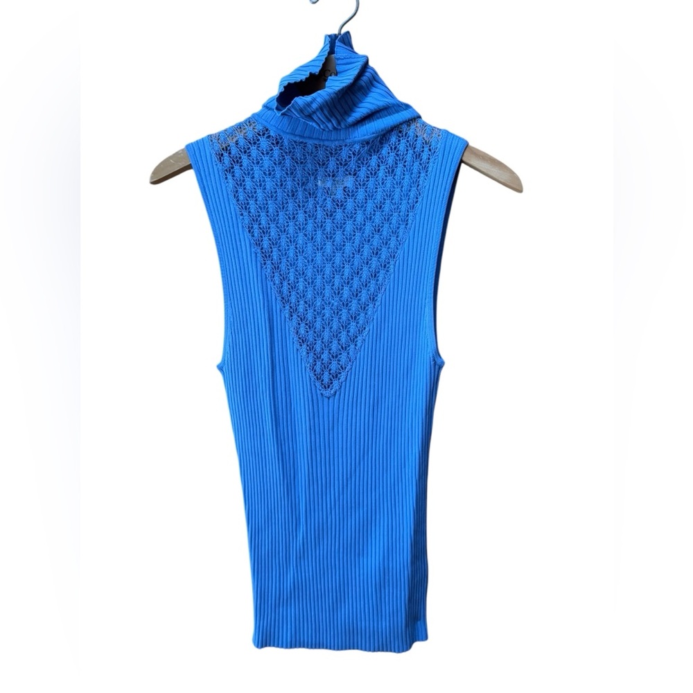 NWOT Y2K Cache Blue Ribbed Open Weave Chest‎ Sleeveless Turtleneck Knit Top